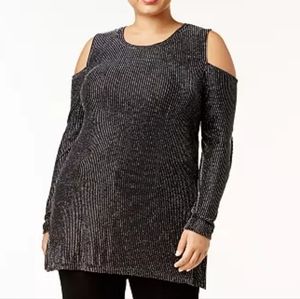 MICHAEL by Michael Kors Black Silver Metallic Sparkle Cold Shoulder Top